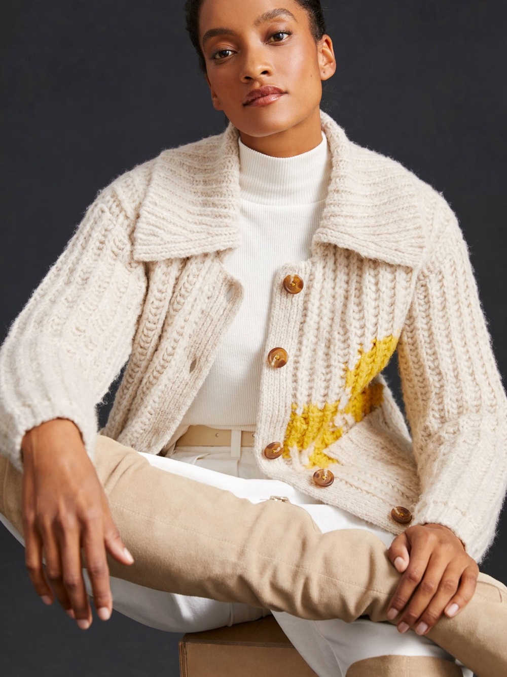 Anthropologie Cream Knit Cardigan with Yellow Star Motif - Picture 2 of 12